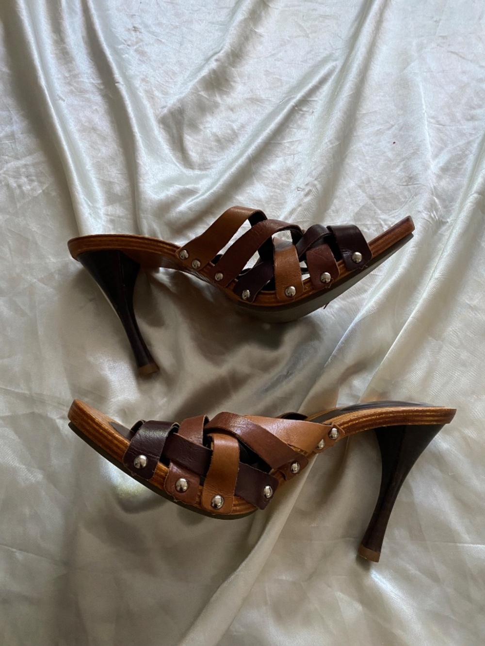 Vintage y2k Brown Wooden Woven Leather Studded High Heels Boho 7.5 *read*